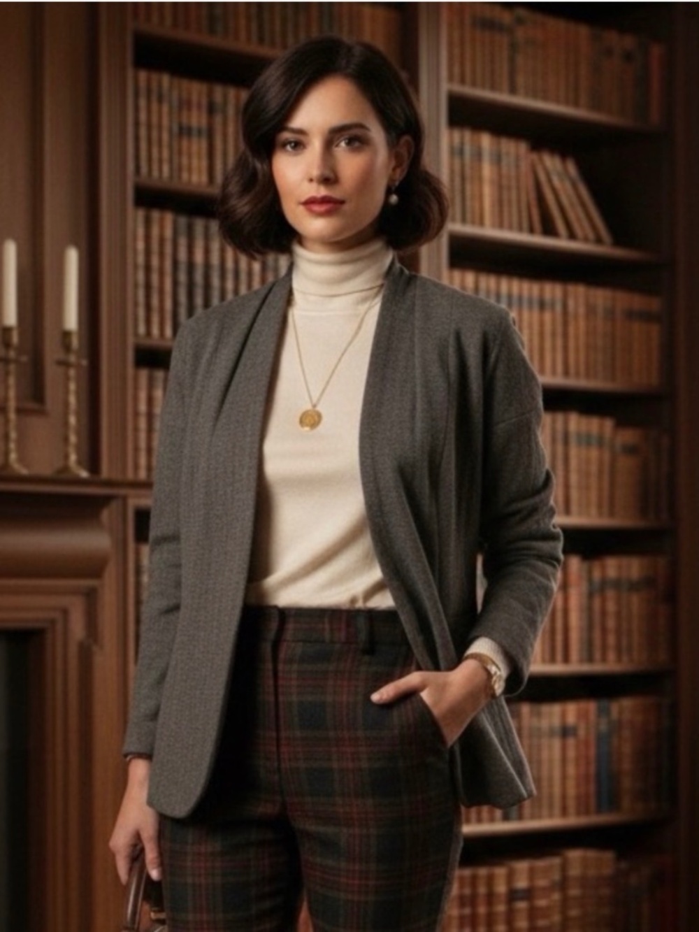Lida Baday Grey and Brown Pinstriped Collarless Wool Blend Blazer Size 6